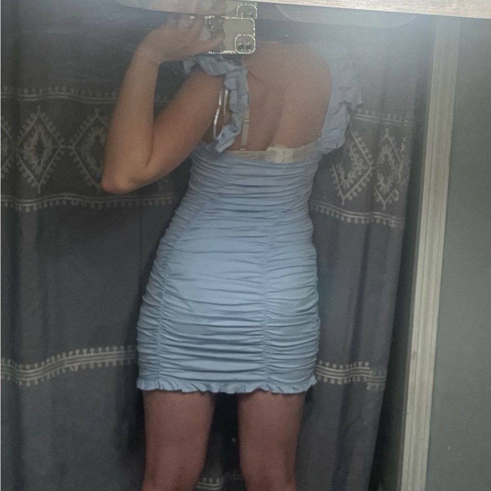 Light Blue Ruched Lace-Up Mini Dress with Ruffle Straps - Picture 6 of 8